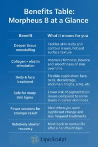 How Often Can I have Morpheus 8? 3 Table showing the benefits of Morpheus 8 treatment from Lipo Sculpt Bicester